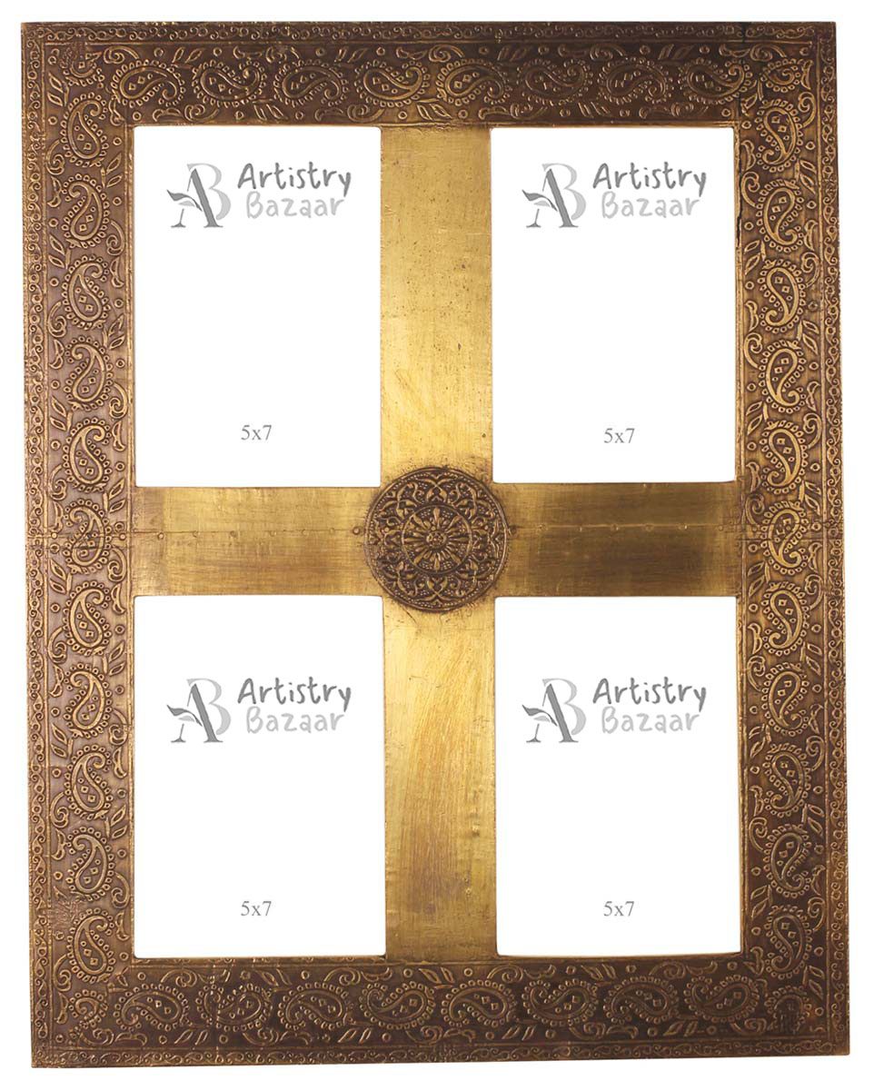 15” Wall Photo-Frames in MDF with Brass-Sheet - 5x7” 4 Frames - Rich Home Decor / Gifts - Buy in Bulk Wholesale