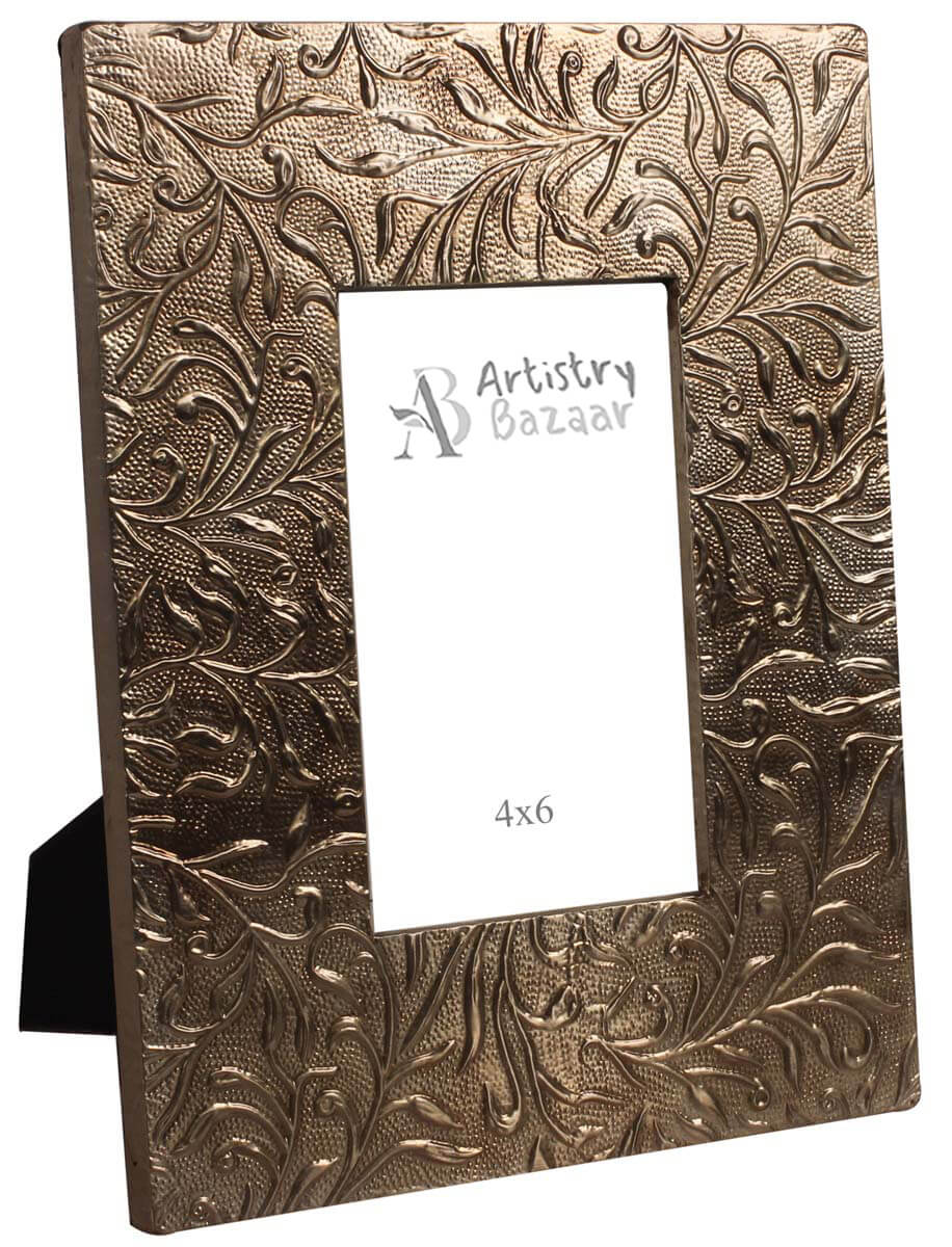 10” Photo-Frame With Leaf Design in MDF with Embossed Metal-Sheet - 4x6” Frame - Rich Home Decor / Gifts - Buy in Bulk Wholesale