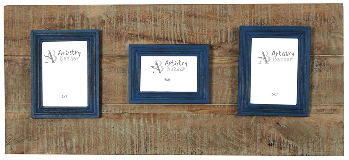 33” Wall-Panel Photo-Frames - 5x7 3 Frames in Blue with Wooden Slab - Distressed-Look Home Decor - Buy in Bulk Wholesale