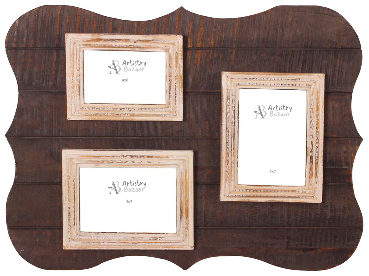 33” Scalloped Wall-Panel Photo-Frames -5x7” 3 Frames in Off-White with Brown MDF Slab -Distressed-Look Home Décor - Buy in Bulk Wholesale