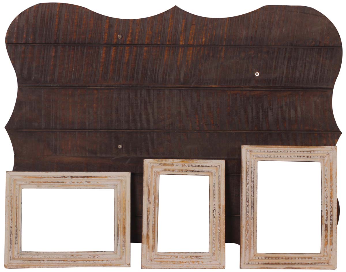 33” Scalloped Wall-Panel Photo-Frames -5x7” 3 Frames in Off-White with Brown MDF Slab -Distressed-Look Home Décor - Buy in Bulk Wholesale