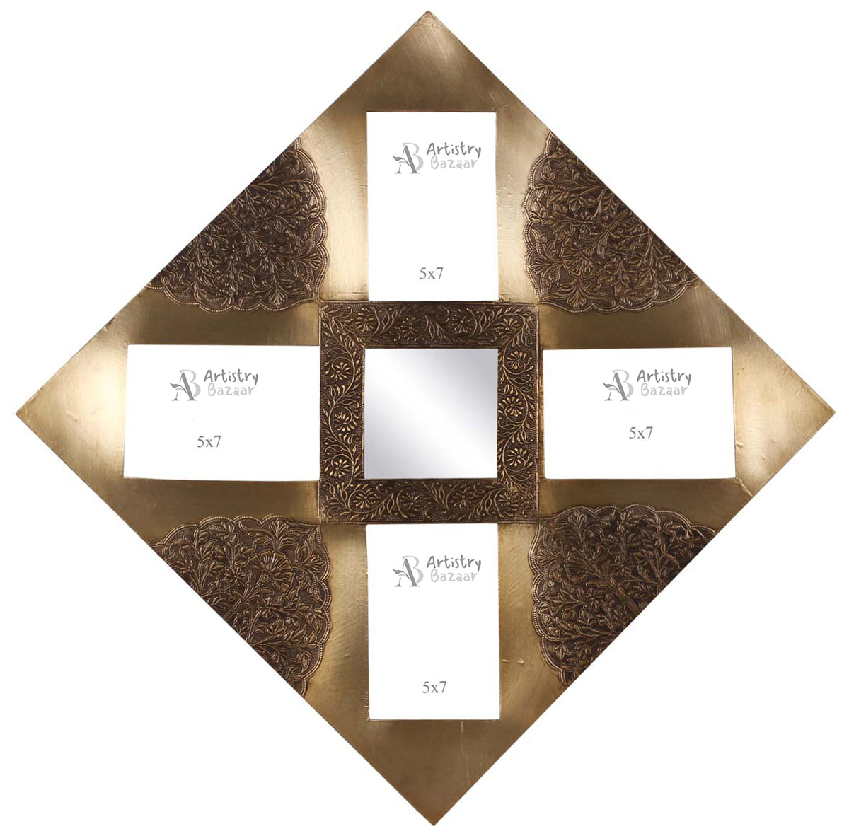 19” Wall Photo-Frames in MDF with Embossed Metal-Sheet & Mirror - 5x7” 4 Frames - Golden - Rich Home Decor / Gifts - Buy in Bulk Wholesale