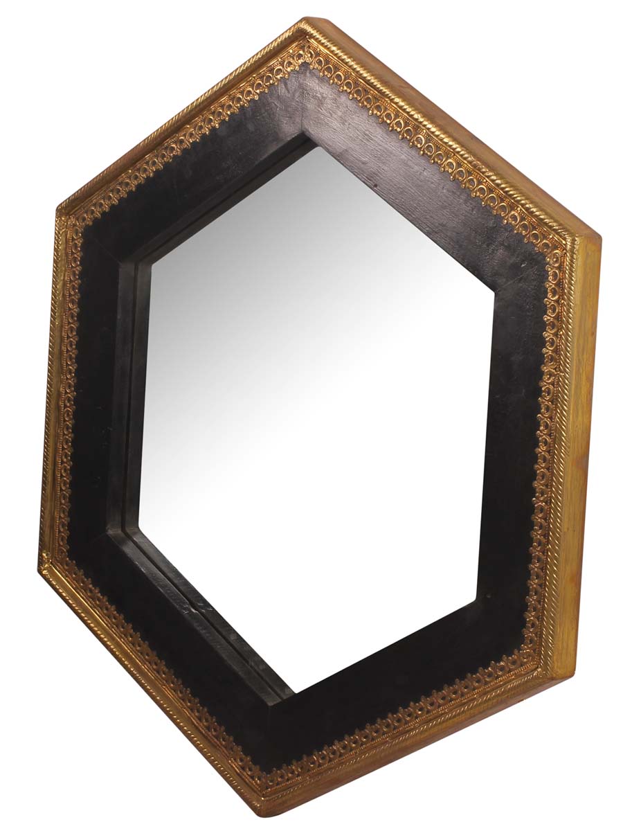 26” Octagonal Mirror with Mango-Wood & Brass Frame - Black Golden - Home Decor - Buy in Bulk Wholesale
