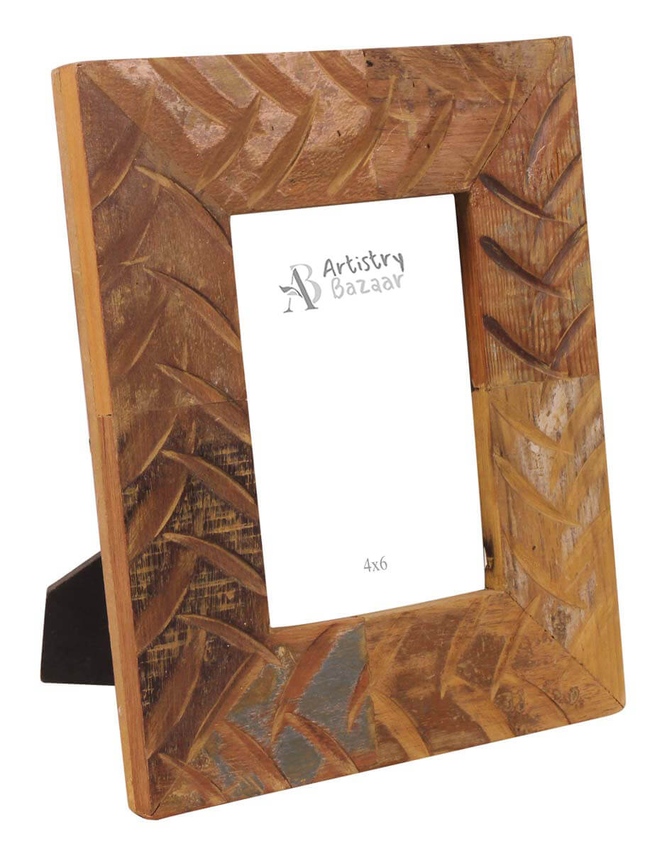 5x7 Hand-Crafted Picture-Frame in Recycled-Wood - Carved Motifs in Distressed-Look - Home Decor - Buy in Bulk Wholesale