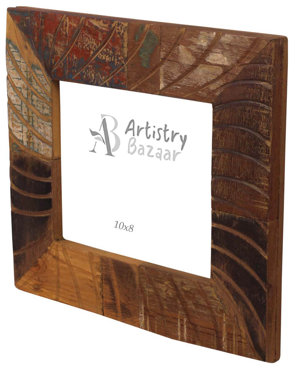 6x8 Hand-Crafted Picture-Frame in Recycled-Wood - Carved Motifs in Distressed-Look - Home Decor - Buy in Bulk Wholesale
