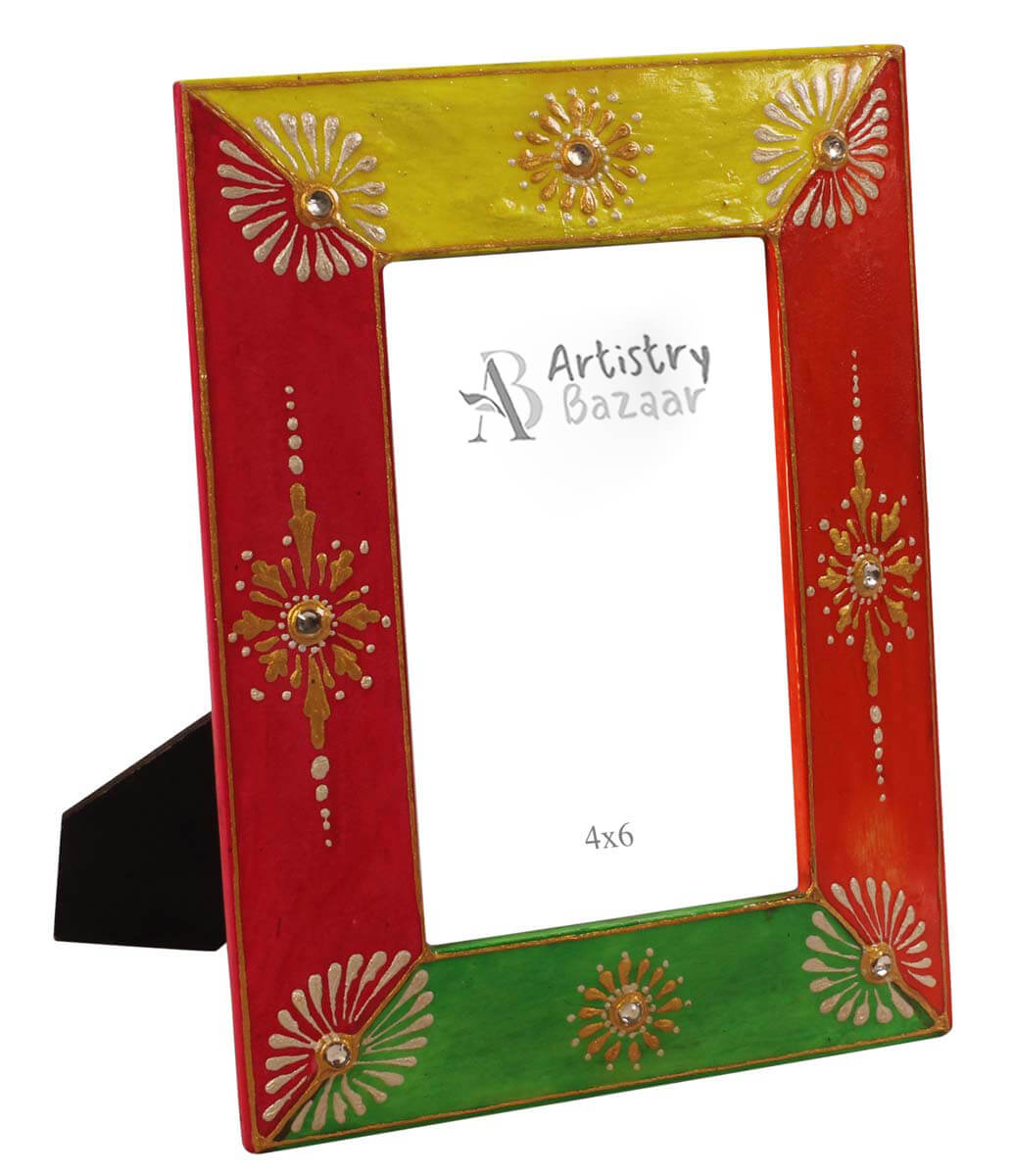 4x6 Handmade Picture-Frame in MDF with Traditional Cone-Painting Art - Red Yellow Green - Home Decor / Gifts - Buy in Bulk Wholesale
