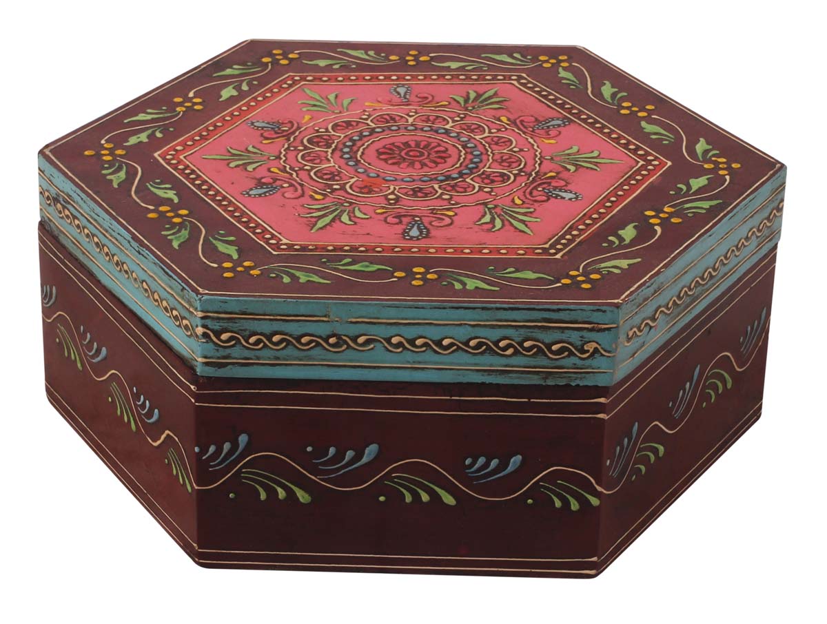 9.5” Hexagonal Jewelry Box / Accessory Organizer in Natural-Wood with Cone-Painting Art - Multicolored - Home Decor / Gifts for Her - Buy in Bulk Wholesale