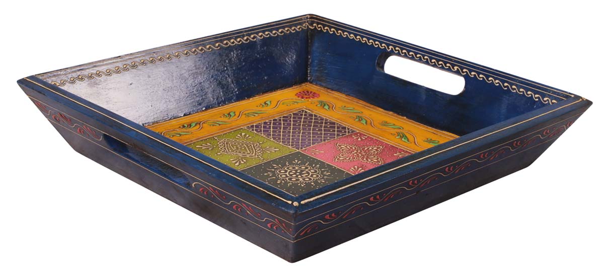 13” Decorative Tray in Natural Wood with Colorful Cone-Painting Art - Classic Home Decor - Buy in Bulk Wholesale