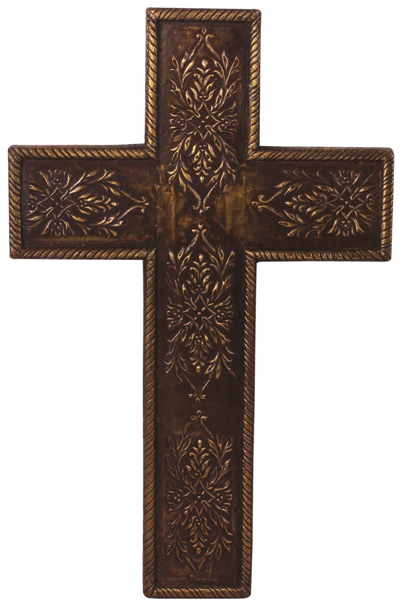 16” Cross Statue in MDF with Brass-Work - Copper Color with Fauna Embossing - Auspicious Home Decor - Buy in Bulk Wholesale