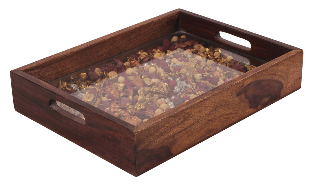 12” Decorative Tray in Natural Wood & Glass - Filled with Petals & Decorative-Pieces - Brown - Home Decor - Buy in Bulk Wholesale