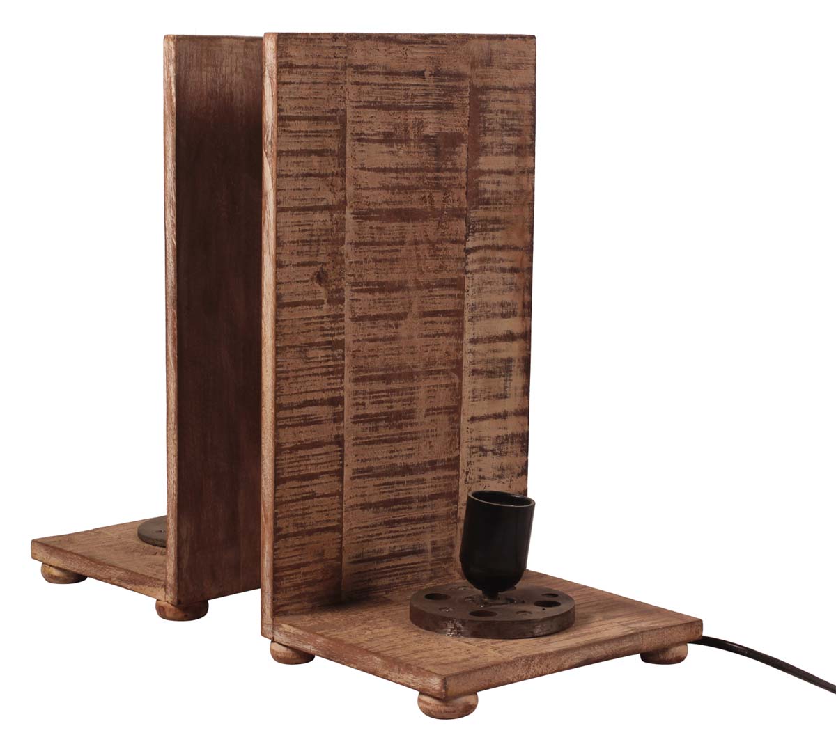 14” Bookends with Lamps in Mango-Wood - Distressed-Look Brown - Book Accessories / Home Decor - Buy in Bulk Wholesale