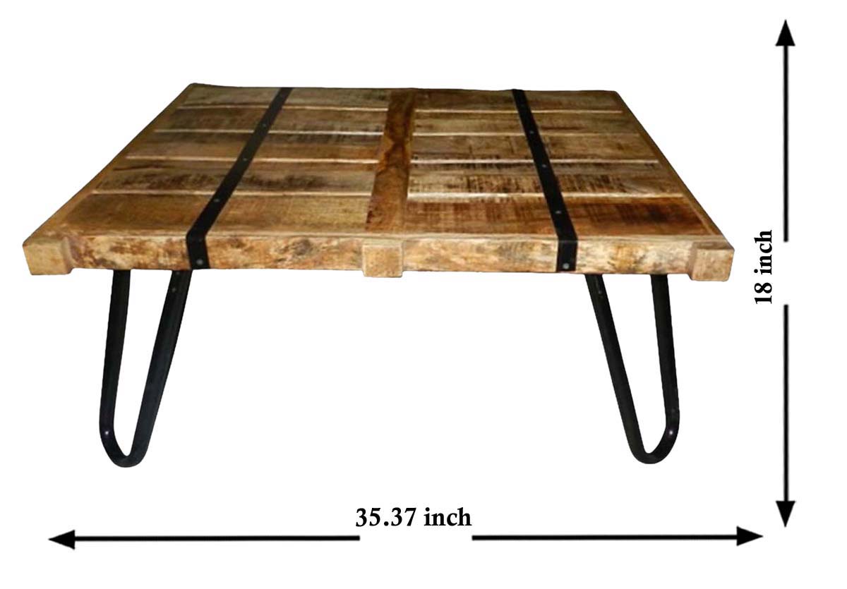 35x18 Inch Slatted Coffee-Table in Wood & Wrought-Iron – Hand-Crafted - Natural-Wood Black Color – Rustic-Look Home Décor / Furniture
