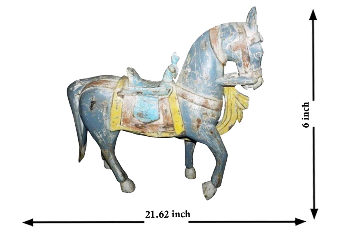 21.6x6 Inch Hand-Carved Wooden Running-Horse in Bulk at Wholesale – Distressed Blue Yellow Color – Thoughtful Gifts for Kids / Home-Décor