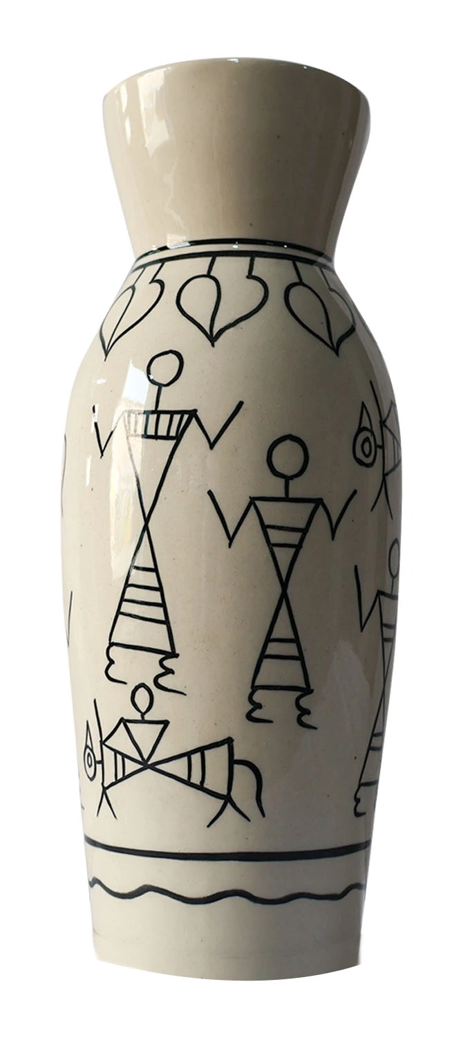 ArtistryBazaar 7-inch white hand-painted ceramic vase that features detailed tribal art motifs, a compact and lightweight design for tabletops, home décor, and gifting—a fusion of traditional craftsmanship and modern style.