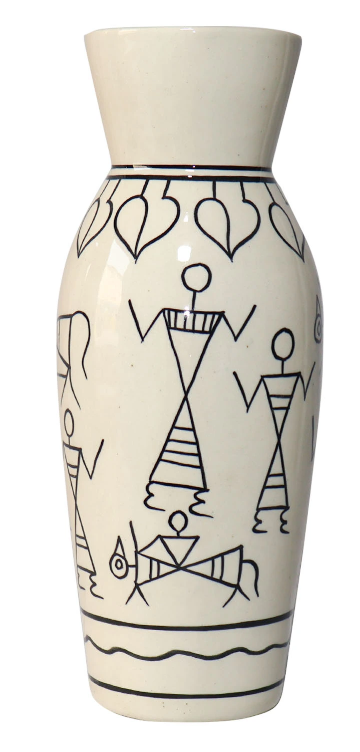 ArtistryBazaar 7-inch white hand-painted ceramic vase that features detailed tribal art motifs, a compact and lightweight design for tabletops, home décor, and gifting—a fusion of traditional craftsmanship and modern style.