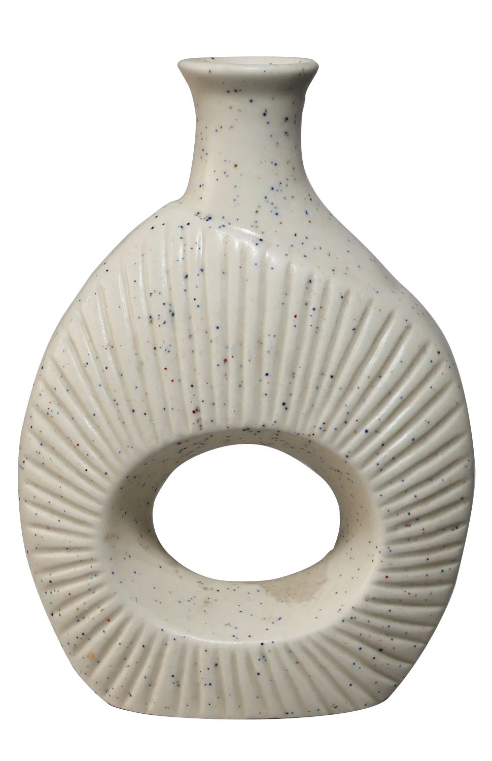 ArtistryBazaar’s oval ceramic vase with hollow cutout in the center—modern minimalist décor in neutral tones of off-white or light biege– a speckled masterpiece to improve the atmosphere of your space.