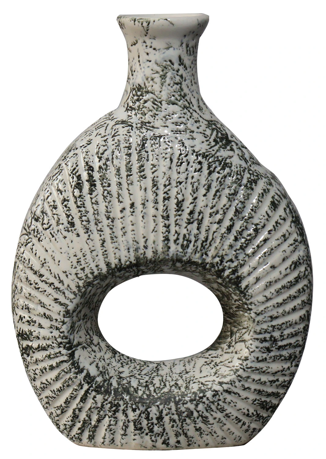 Handmade rustic ceramic vase by Artistrybazaar of 4.5"L x 7.5"W x 8.5"H—speckled gray-white finish, hollow circular body, narrow neck—suitable for art displays or earthy decor spaces.