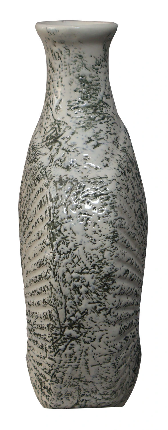 Handmade rustic ceramic vase by Artistrybazaar of 4.5"L x 7.5"W x 8.5"H—speckled gray-white finish, hollow circular body, narrow neck—suitable for art displays or earthy decor spaces.