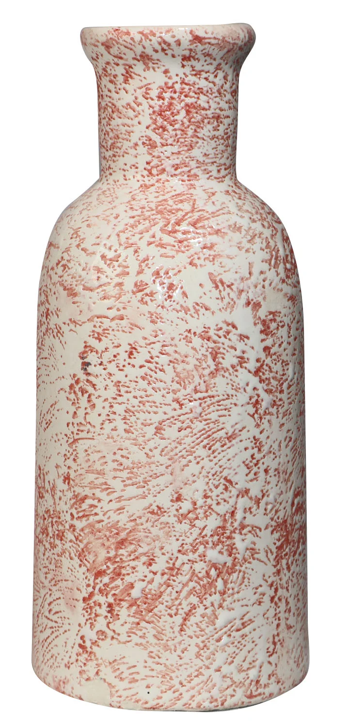 ArtistryBazaar bottle-shaped and handcrafted ceramic vase of 3"L x 3"W x 8"H inches, red and white color pattern with flared rim on the top, best for the floral display.