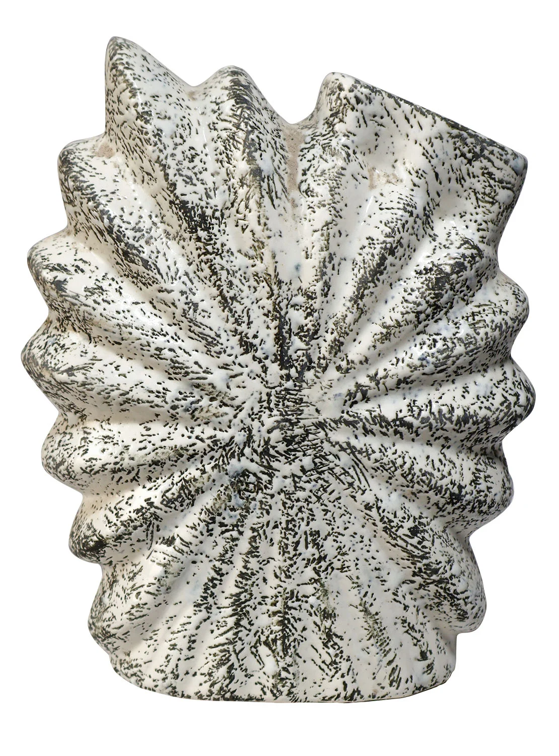 ArtistryBazaar star flower pleated ceramic vase with sculptural design—off-white color at base with black spots—home décor showpiece, 2.8"L x 6"W x 7.4"H for a modern touch.