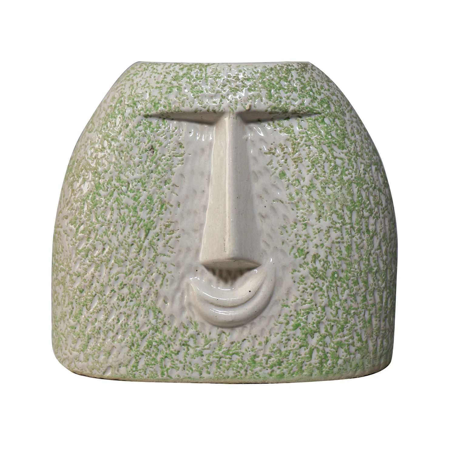 ArtistryBazaar smiley face ceramic vase of 6.5"L x 3.5"W x 7.5"H inch, handmade indoor vase for your flowers in green & white, suitable for your garden or table.