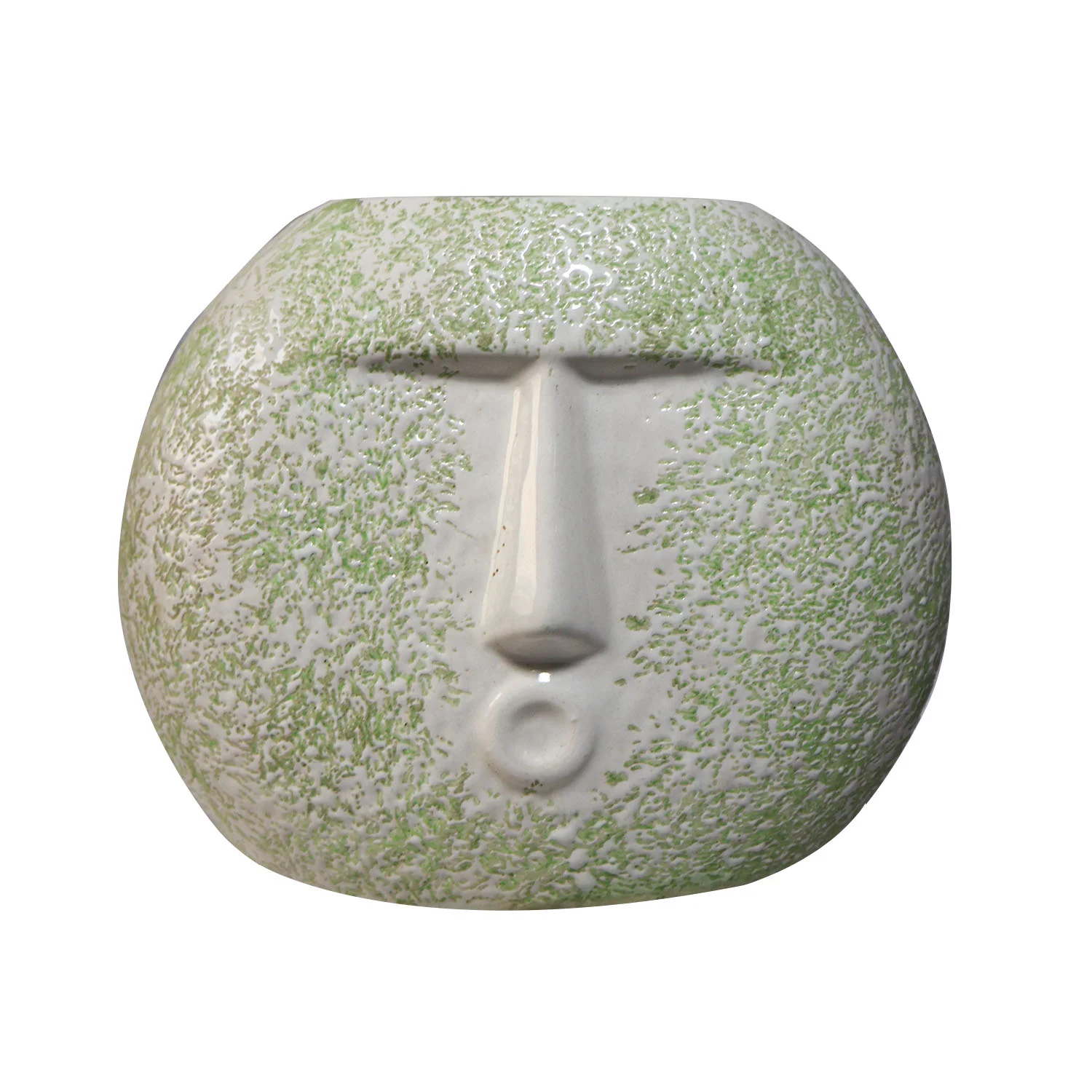 Fun and stylish ArtistryBazaar 6.5"L x 3.5"W x 7.5"H inch handmade blowing kiss face vase, made of ceramic with green and white color tones.