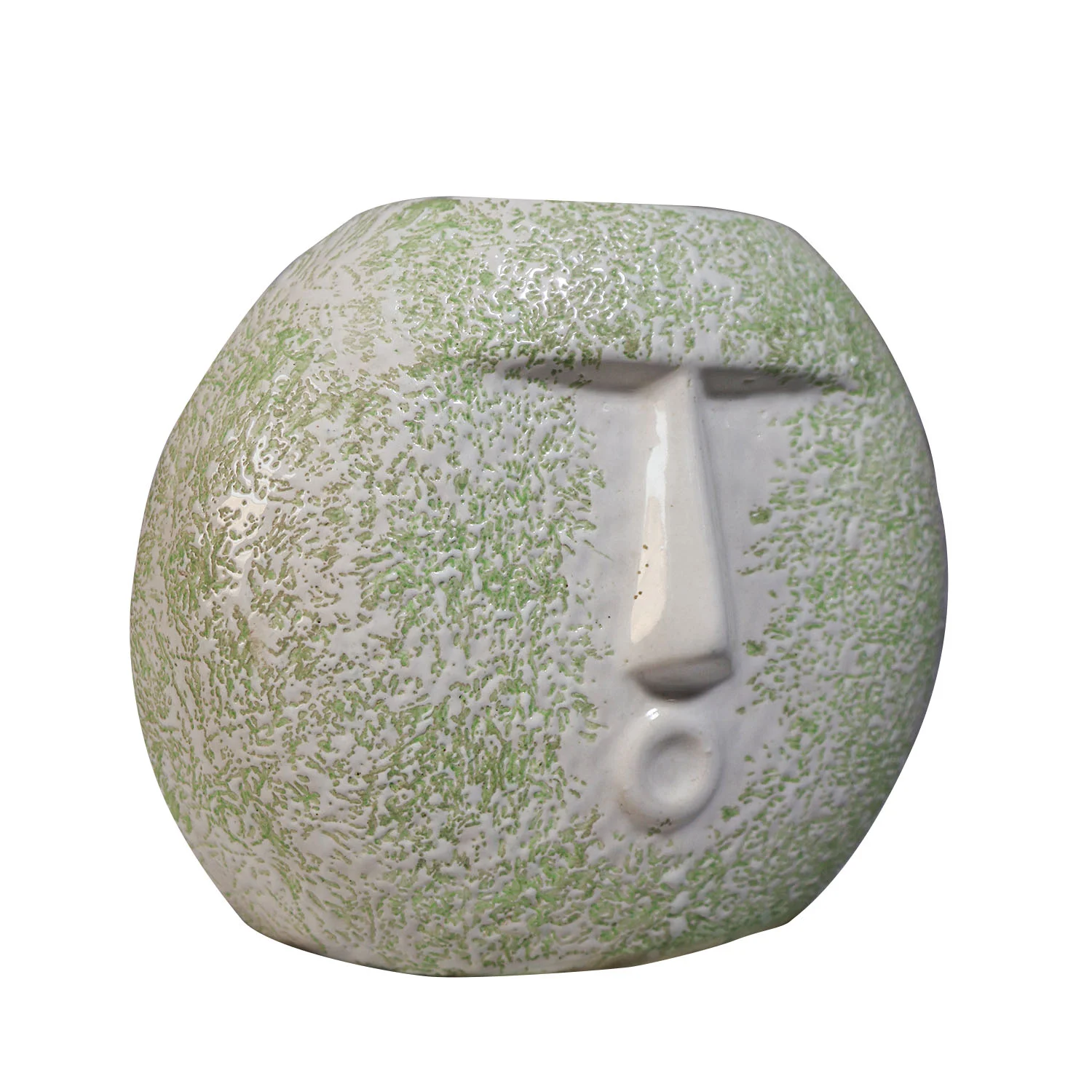 Fun and stylish ArtistryBazaar 6.5"L x 3.5"W x 7.5"H inch handmade blowing kiss face vase, made of ceramic with green and white color tones.