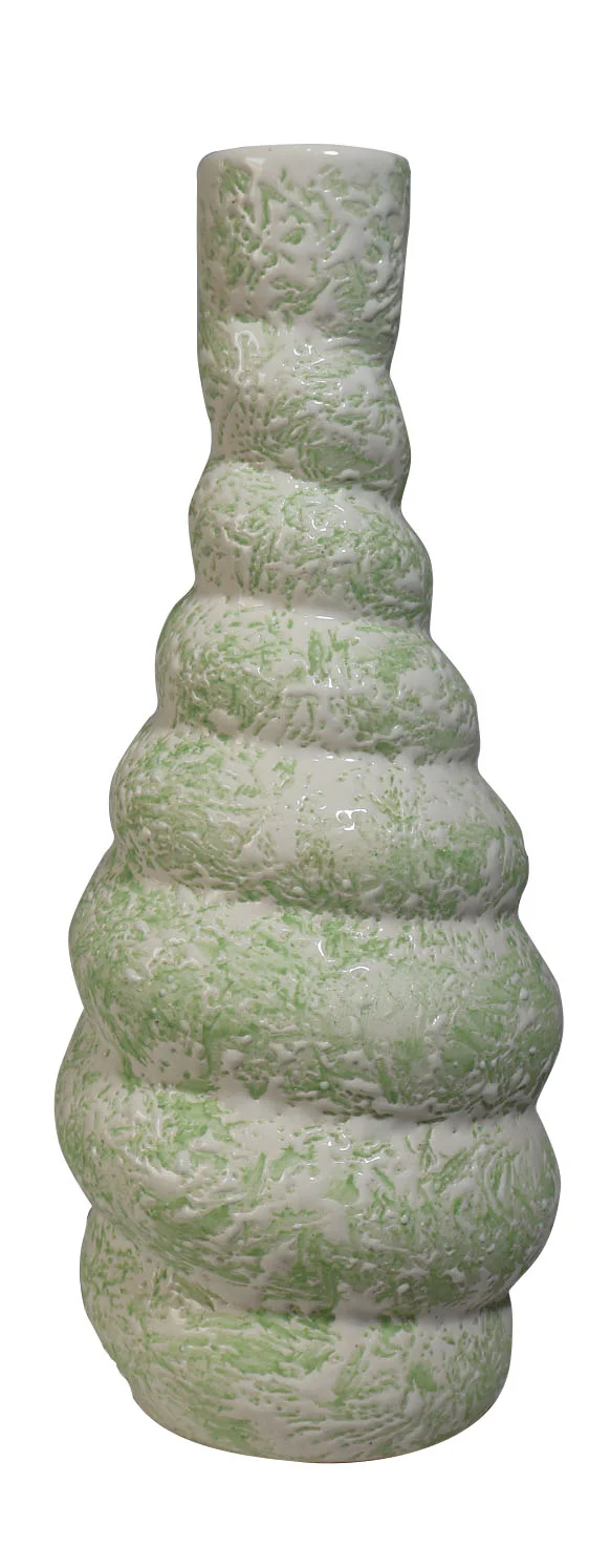 ArtistryBazaar 8.5"H x 3.5"W x 3.5"L inch handmade white and green color ceramic vase, round layered design for a modern home and office decor.
