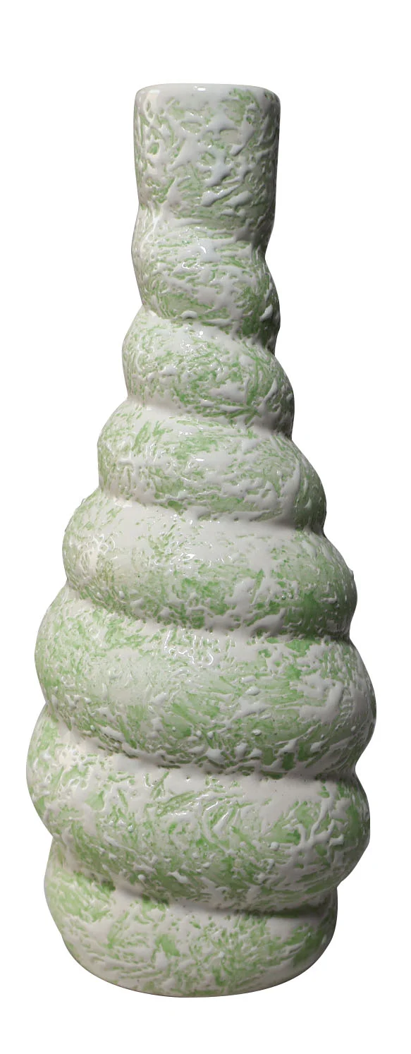 ArtistryBazaar 8.5"H x 3.5"W x 3.5"L inch handmade white and green color ceramic vase, round layered design for a modern home and office decor.