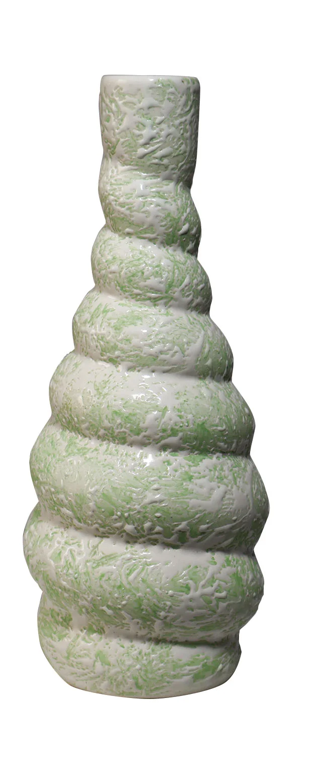 ArtistryBazaar 8.5"H x 3.5"W x 3.5"L inch green & white handmade ceramic vase, layered round design for modern style, stacked beauty for all décor lovers.