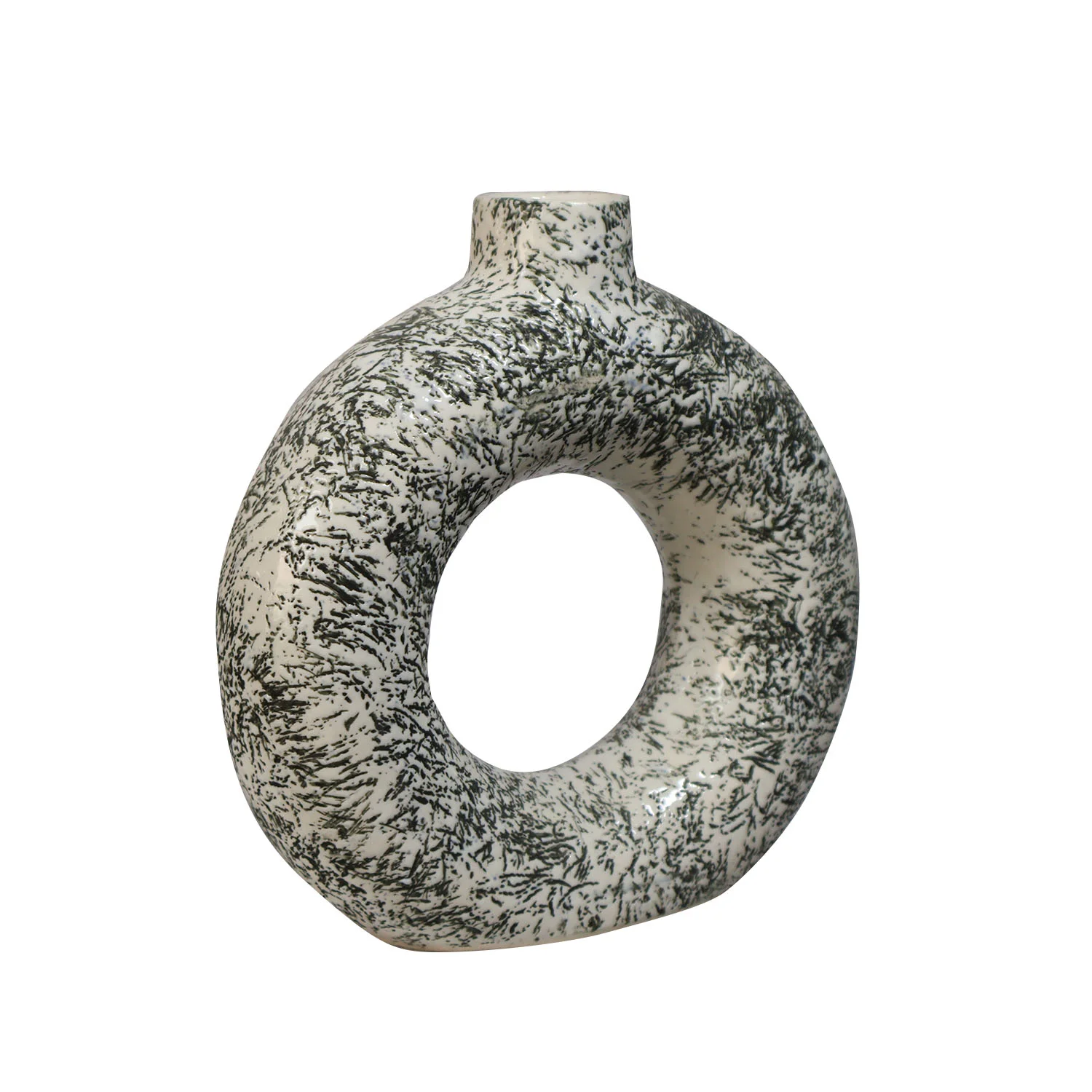 ArtistryBazaar 1.75"L x 6"W x 6.5"H inch handmade ceramic ring vase, stone-like finish, bold open-center design, neutral palette, lightweight décor, perfect for modern minimalist places.