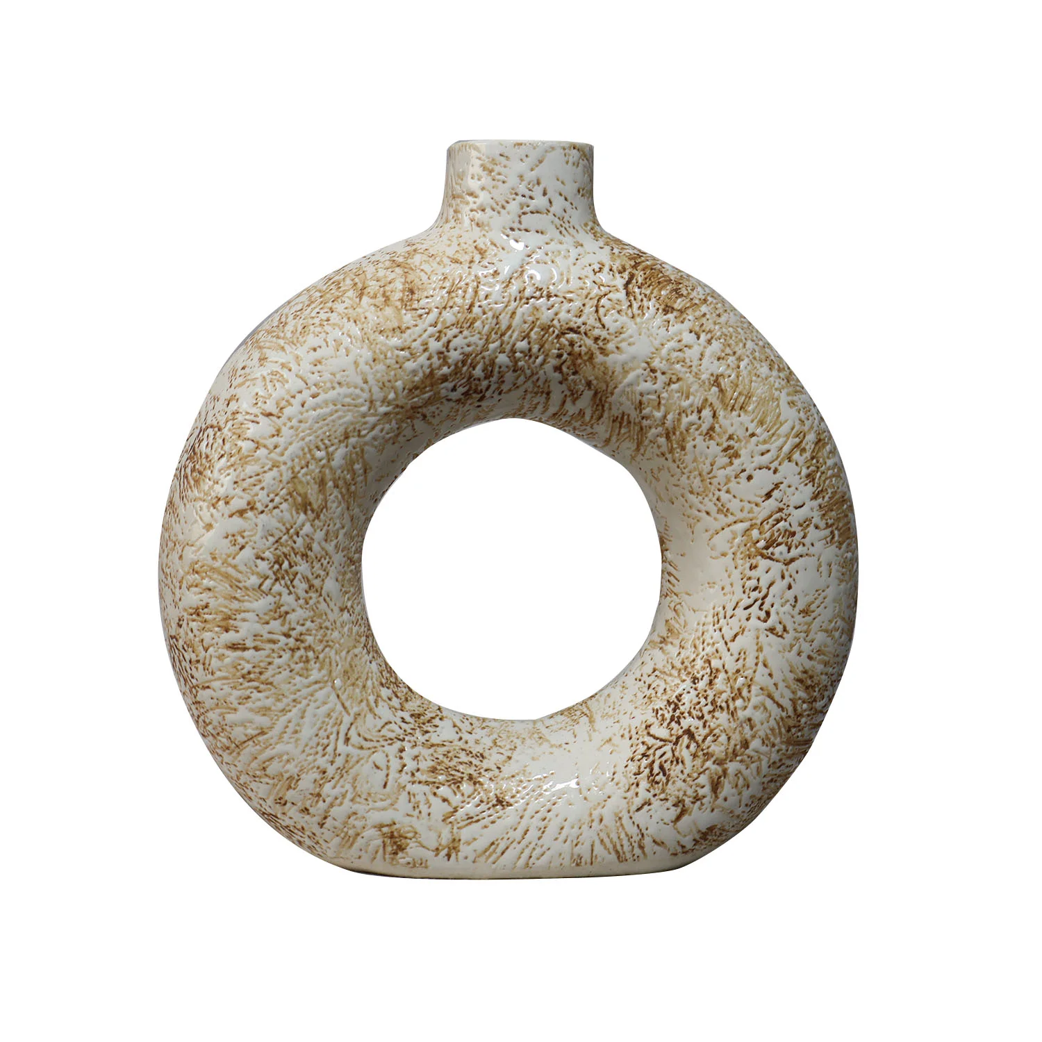 ArtistryBazaar 1.75"L x 6"W x 6.5"H inch artisan ceramic ring vase in off-white and brown color, a compact décor work of art for homes and offices.