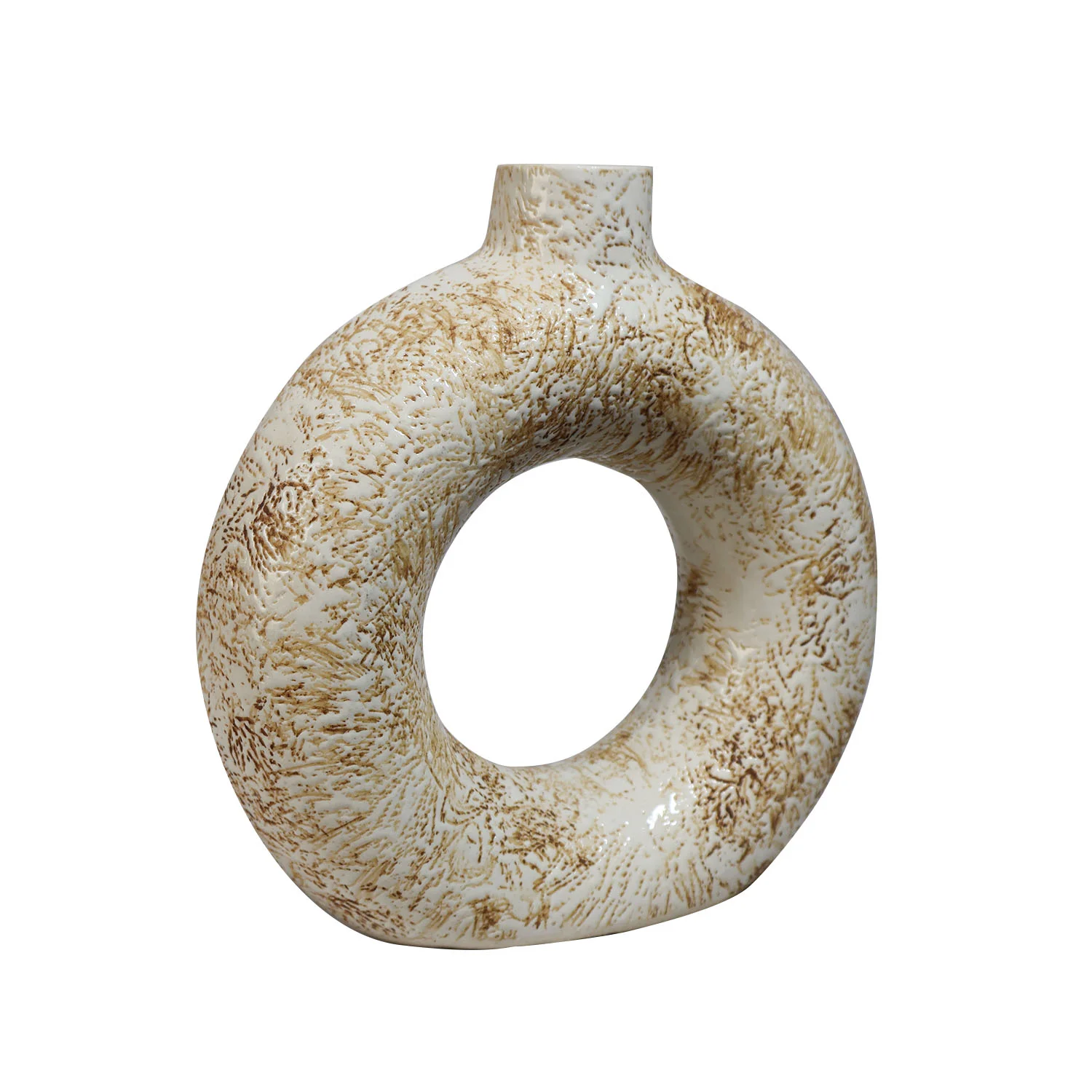 ArtistryBazaar 1.75"L x 6"W x 6.5"H inch artisan ceramic ring vase in off-white and brown color, a compact décor work of art for homes and offices.