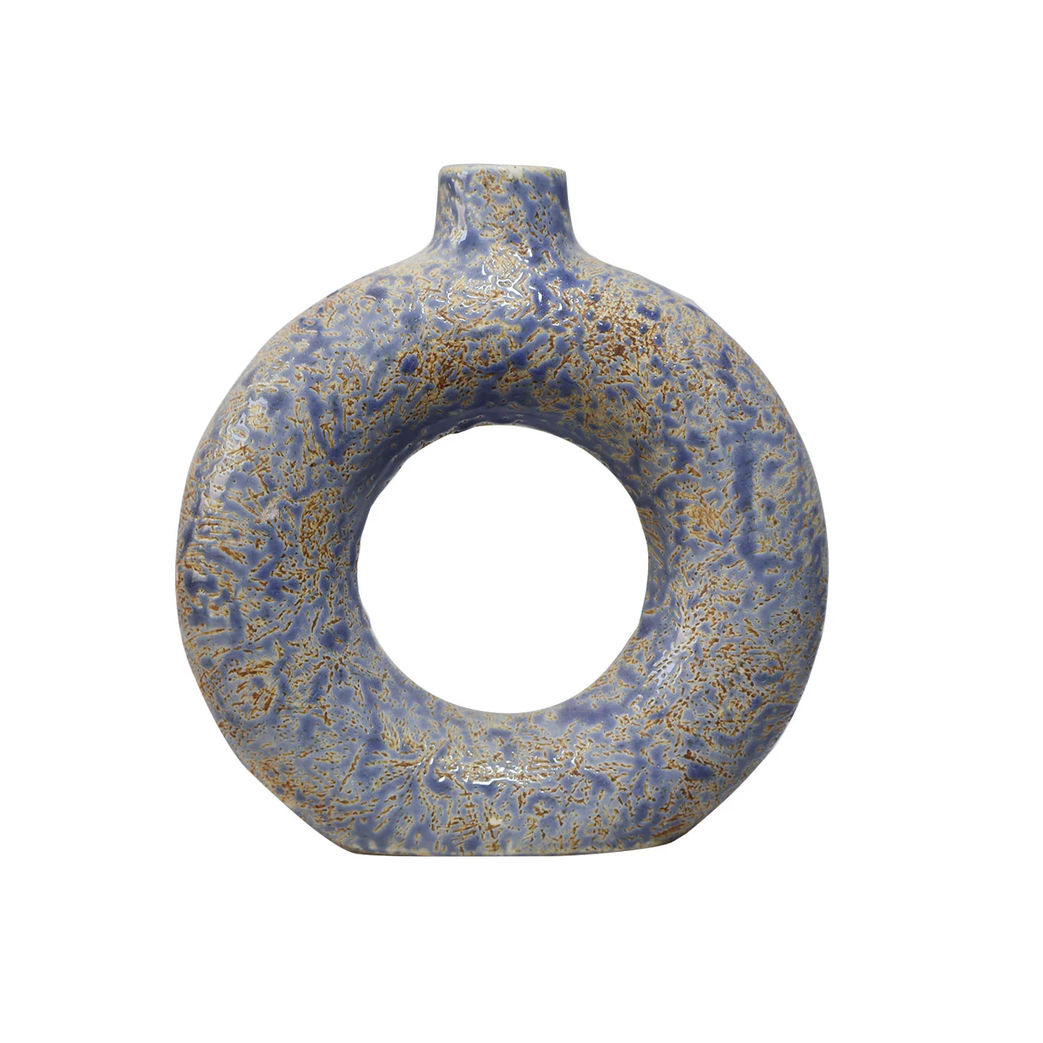 ArtistryBazaar 1.75"L x 6"W x 6.5"H inch blue & brown ceramic ring vase with a hollow center, small in size, 100% handmade, perfect for decor enthusiasts.