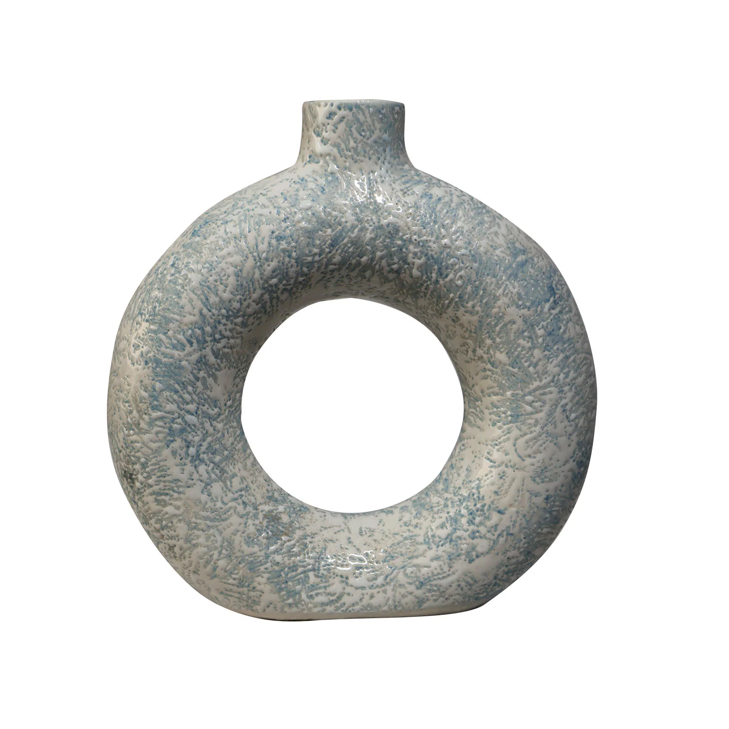 ArtistryBazaar 1.75"L x 6"W x 6.5"H inch off-white and blue ceramic ring vase, artisan-crafted, hole in the middle, lightweight, and perfect for simple or contemporary décor!
