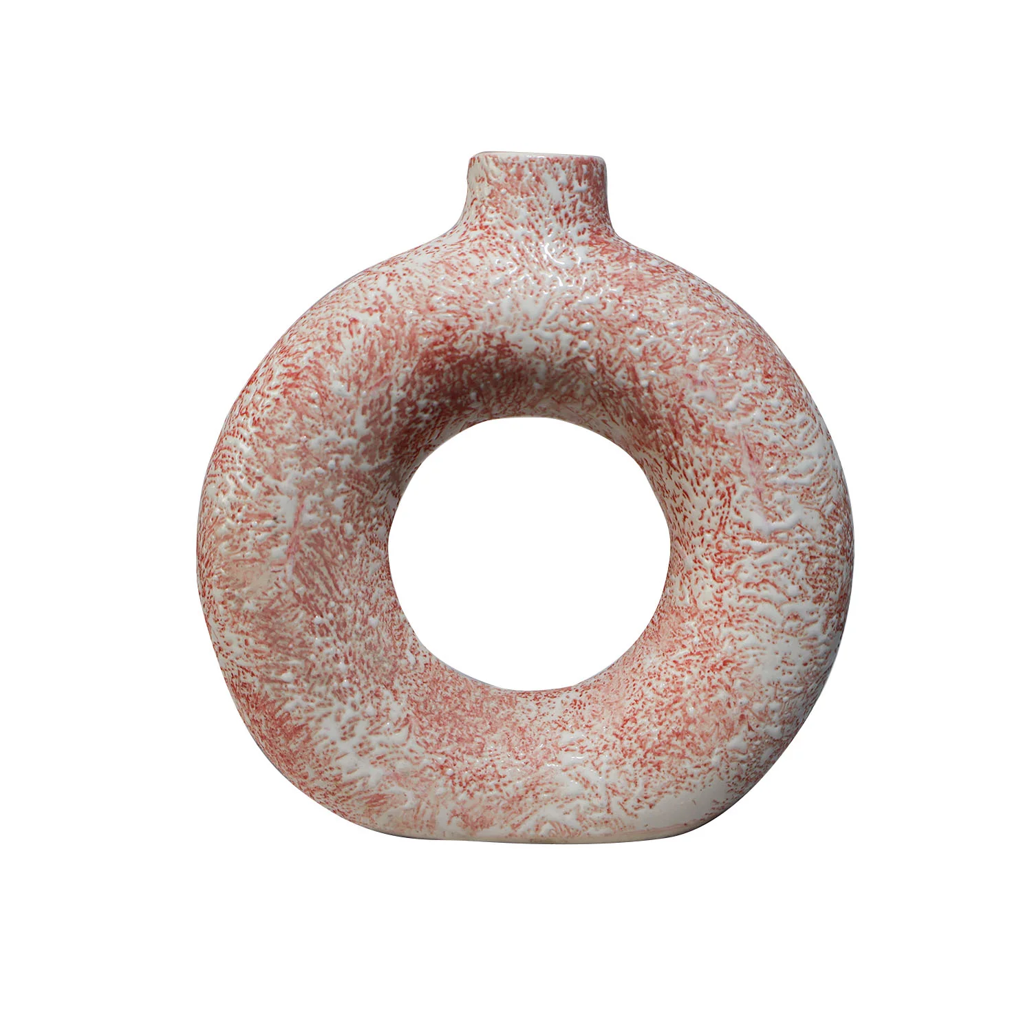 ArtistryBazaar 1.75"L x 6"W x 6.5"H inch red and white ceramic ring vase, entirely handmade by the artisans, hole from the middle, ideal for flowers or decoration purposes.
