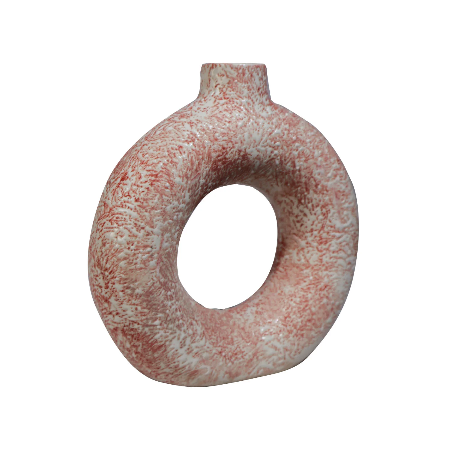 ArtistryBazaar 1.75"L x 6"W x 6.5"H inch red and white ceramic ring vase, entirely handmade by the artisans, hole from the middle, ideal for flowers or decoration purposes.