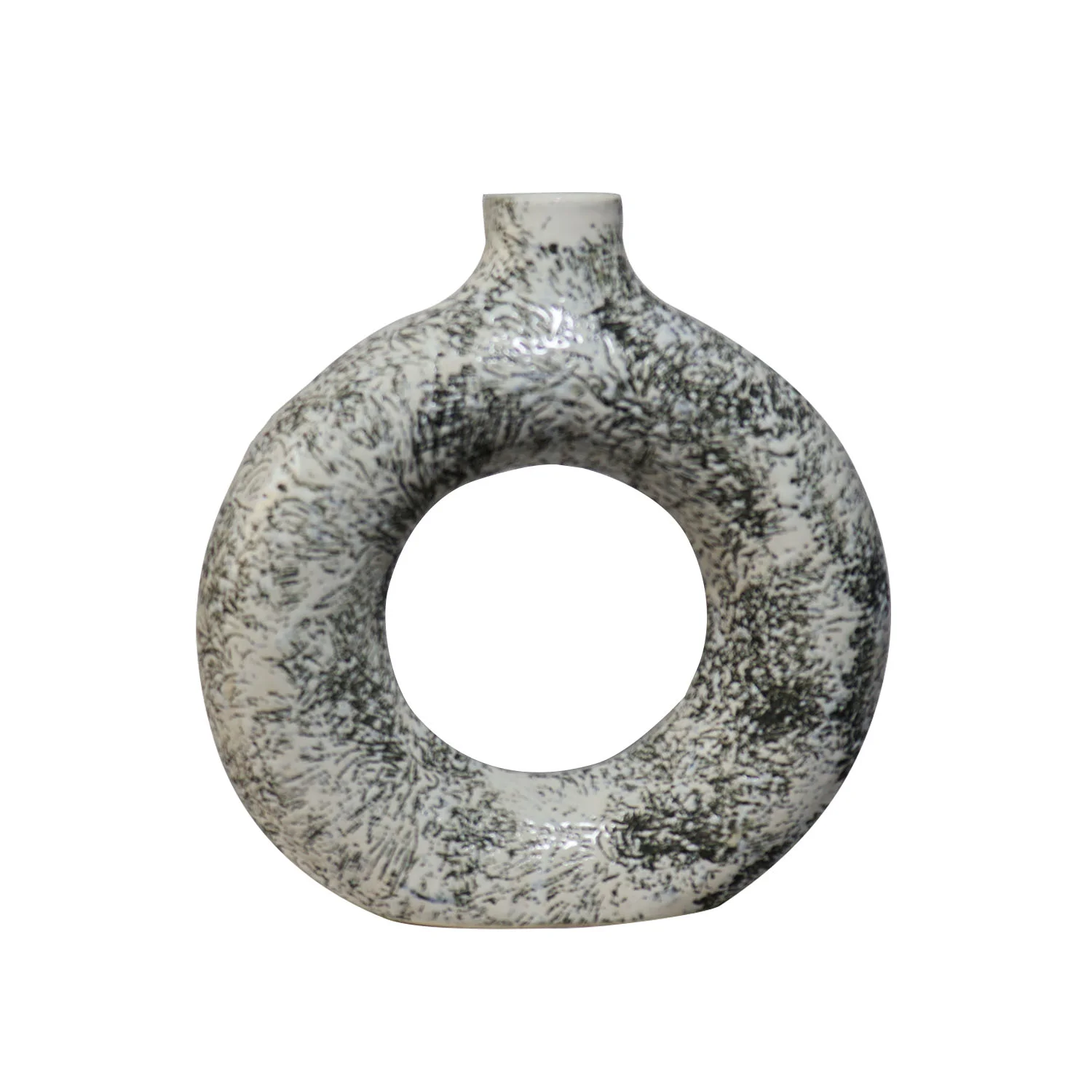 ArtistryBazaar 1.75"L x 6"W x 6.5"H inch black and white ceramic ring vase—elegant, lightweight, handmade from top to bottom, and multifunctional sculptural décor for your room.