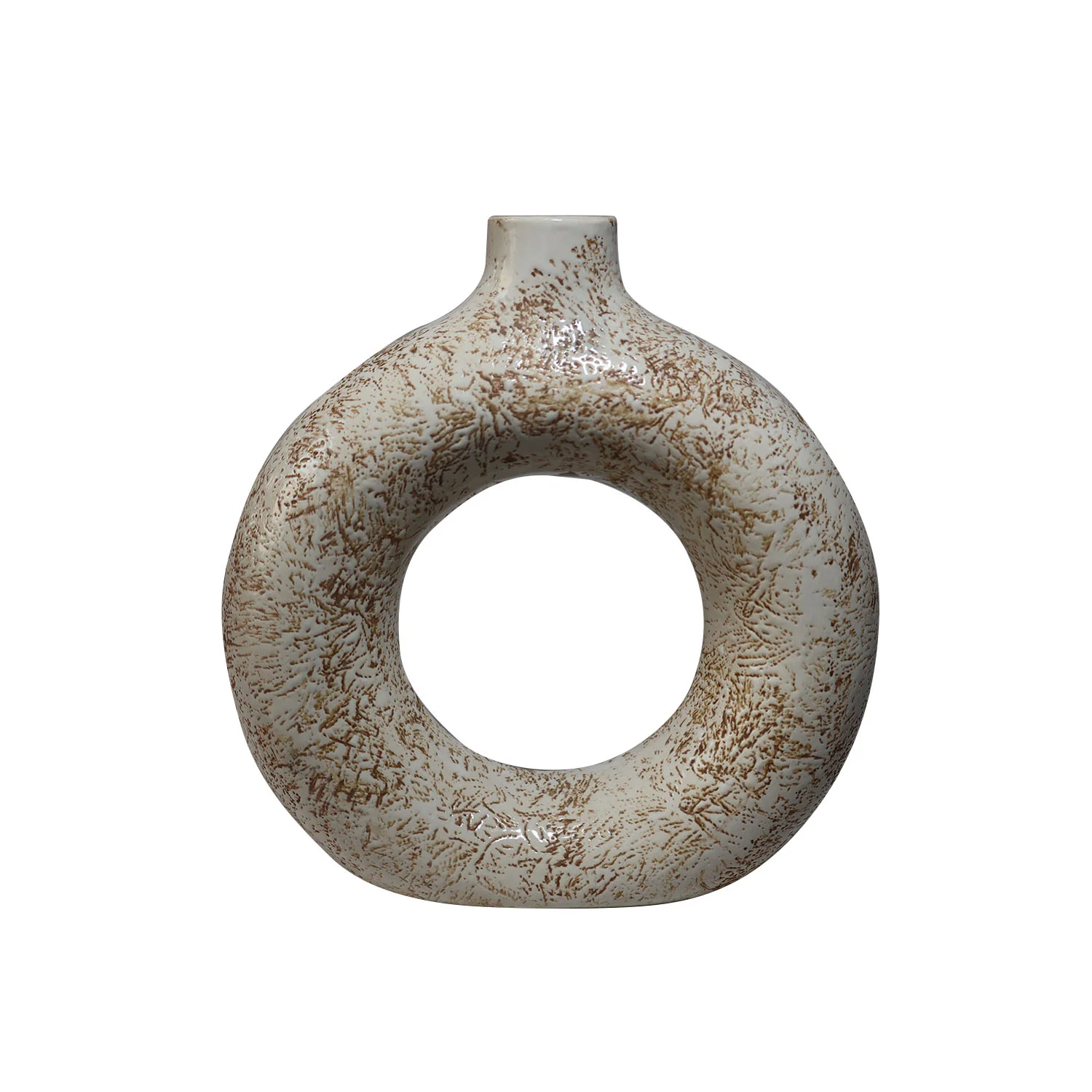 ArtistryBazaar 1.75"L x 6"W x 6.5"H inch round ceramic ring vase—lightweight, handmade with speckled off-white and brown finish, perfect for faux florals or indoor décor.