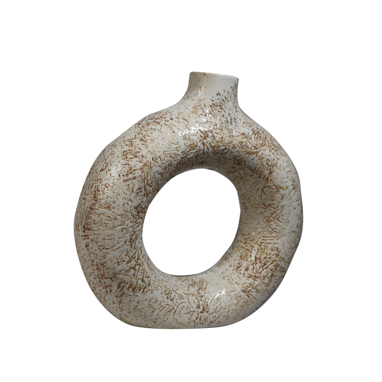 ArtistryBazaar 1.75"L x 6"W x 6.5"H inch round ceramic ring vase—lightweight, handmade with speckled off-white and brown finish, perfect for faux florals or indoor décor.