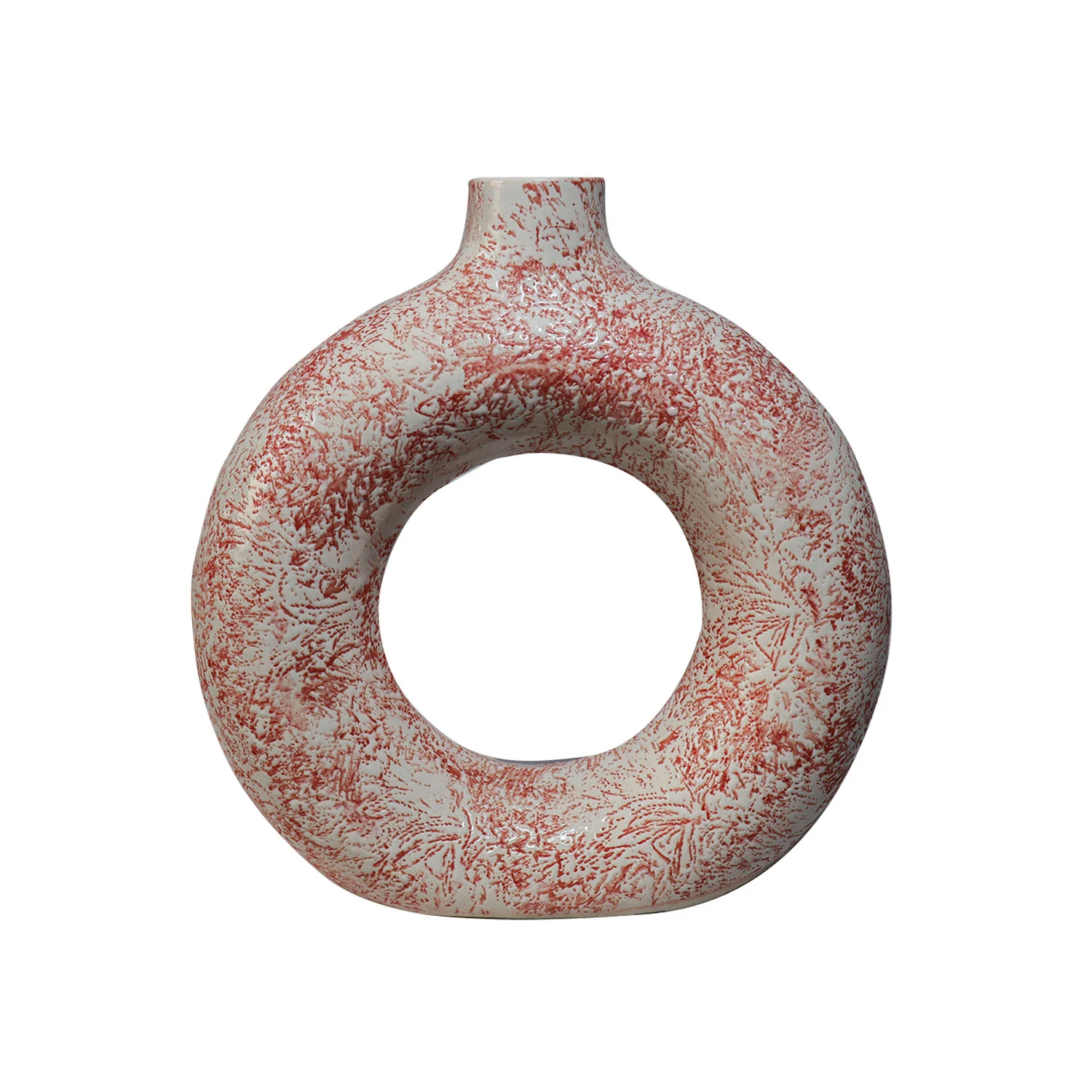 ArtistryBazaar 1.75"L x 6"W x 6.5"H inch ceramic ring vase, handmade in white & orange details, hollow from the centre, perfect decor solution for modern spaces.