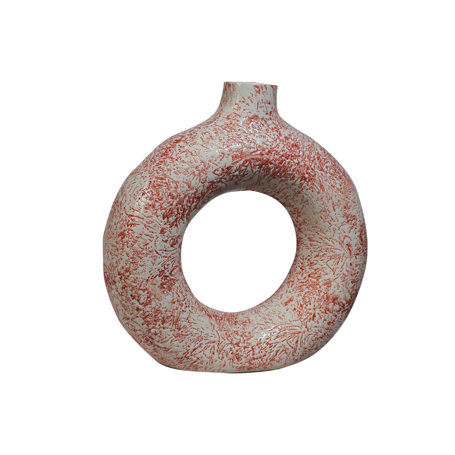 ArtistryBazaar 1.75"L x 6"W x 6.5"H inch ceramic ring vase, handmade in white & orange details, hollow from the centre, perfect decor solution for modern spaces.