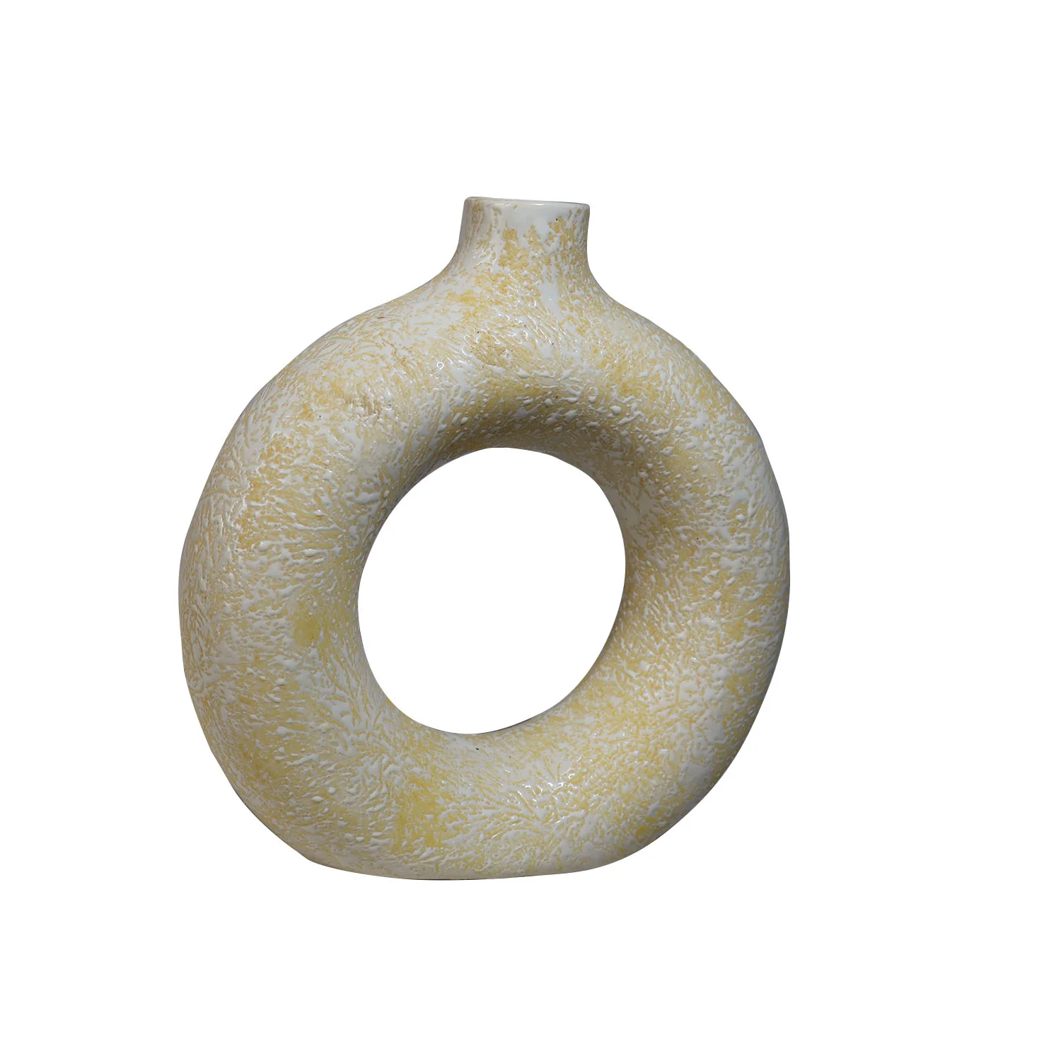 ArtistryBazaar 1.75"L x 6"W x 6.5"H inch 100% handmade ceramic ring vase, white & yellow design, light in weight, suitable for home décor and utility needs.