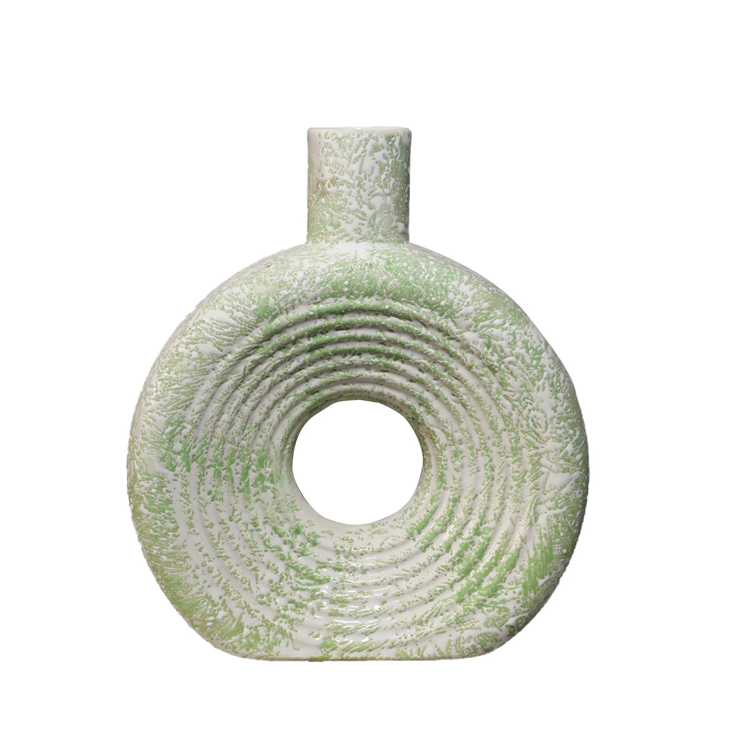 ArtistryBazaar 5"L x 7"W x 8"H inch handmade donut vase with bold green and white finish, made of ceramic—raw, textured, and bold home décor item for your space.