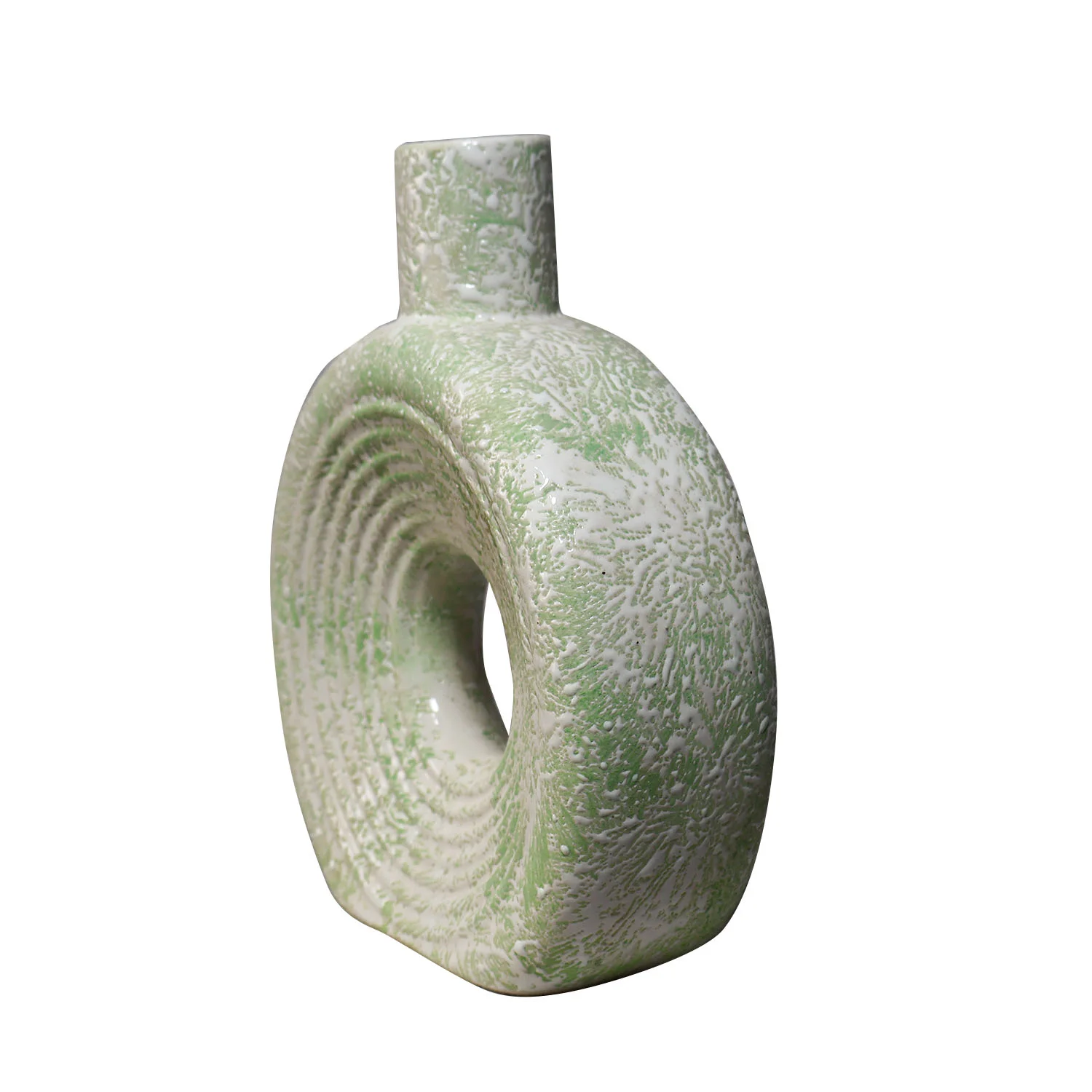 ArtistryBazaar 5"L x 7"W x 8"H inch handmade donut vase with bold green and white finish, made of ceramic—raw, textured, and bold home décor item for your space.