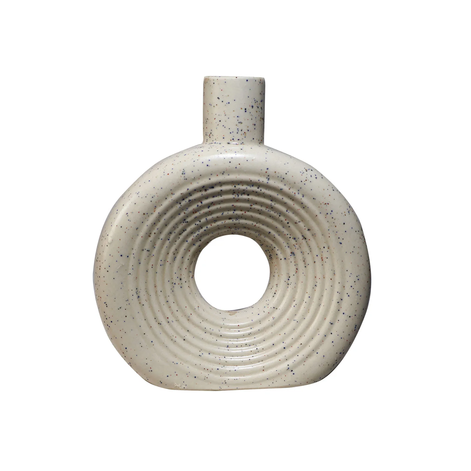 ArtistryBazaar 5"L x 7"W x 8"H inch handmade ceramic donut vase, hollow from the middle, off-white color with black speckles, a masterpiece to add creativity to any space.