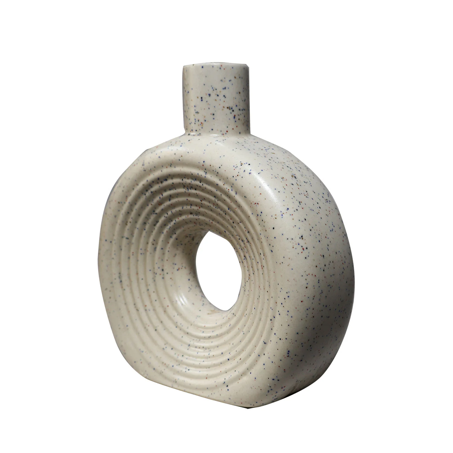 ArtistryBazaar 5"L x 7"W x 8"H inch handmade ceramic donut vase, hollow from the middle, off-white color with black speckles, a masterpiece to add creativity to any space.