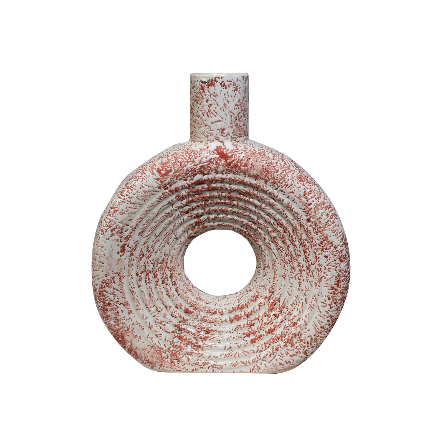 ArtistryBazaar artisan ceramic vase—handmade 5"L x 7"W x 8"H inch with bright orange & off-white textured design, unique donut shape, natural earthy feel for your home and office décor.