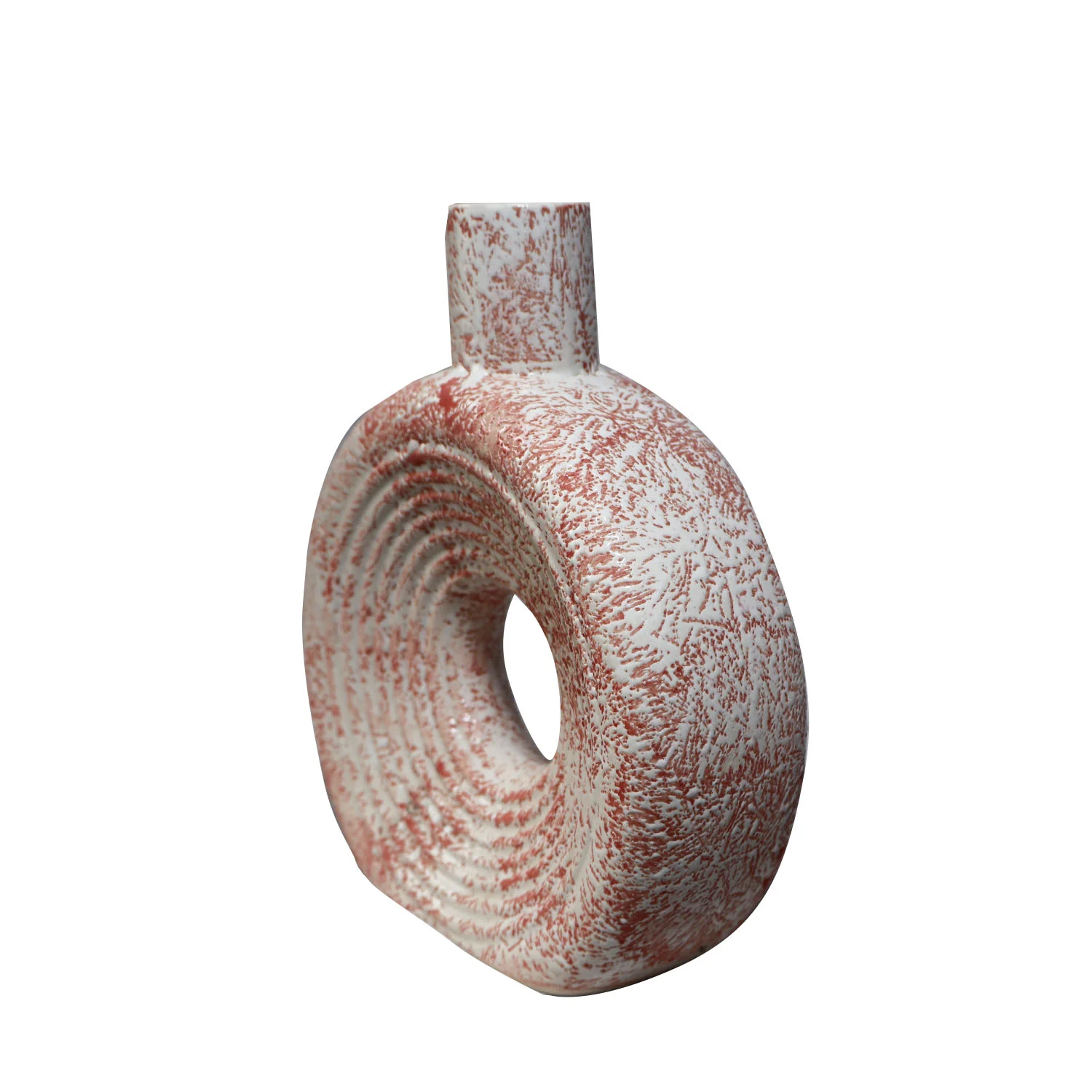 ArtistryBazaar artisan ceramic vase—handmade 5"L x 7"W x 8"H inch with bright orange & off-white textured design, unique donut shape, natural earthy feel for your home and office décor.