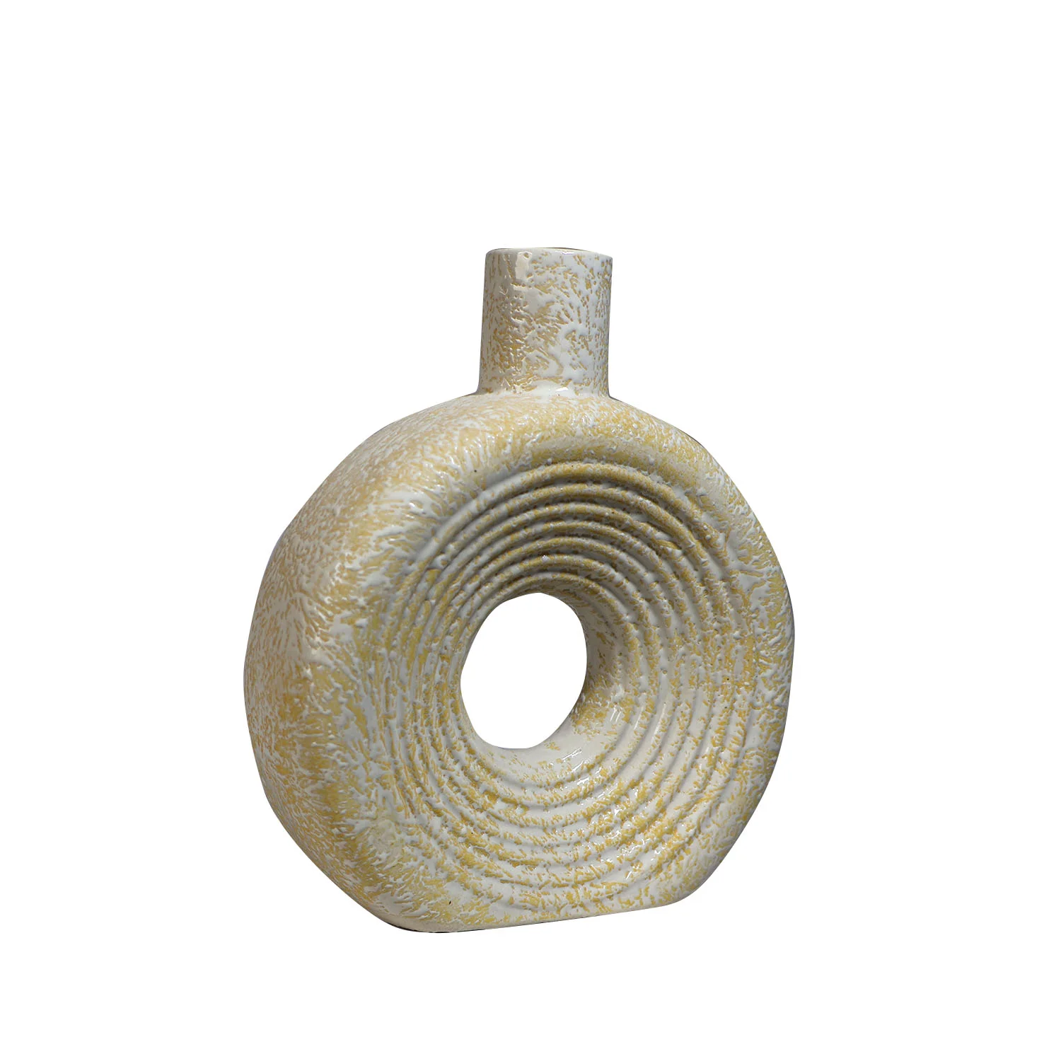 ArtistryBazaar 5"L x 7"W x 8"H inch handmade off-white ceramic vase with golden accents, lightweight, textured design that complements any interior style with bold shapes and raw finish.